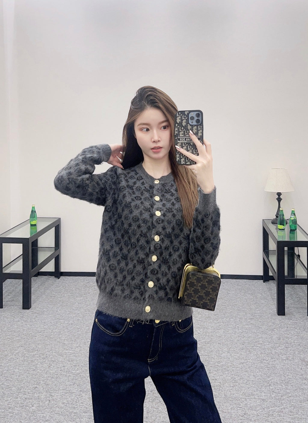 25fw crew neck jacquard knit cardigan