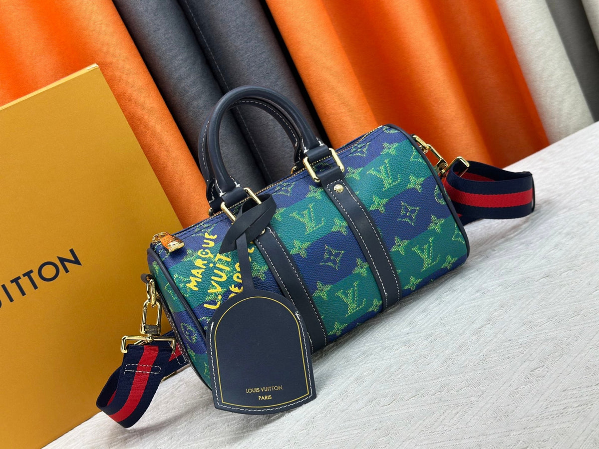 Blue green color blocked travel bag