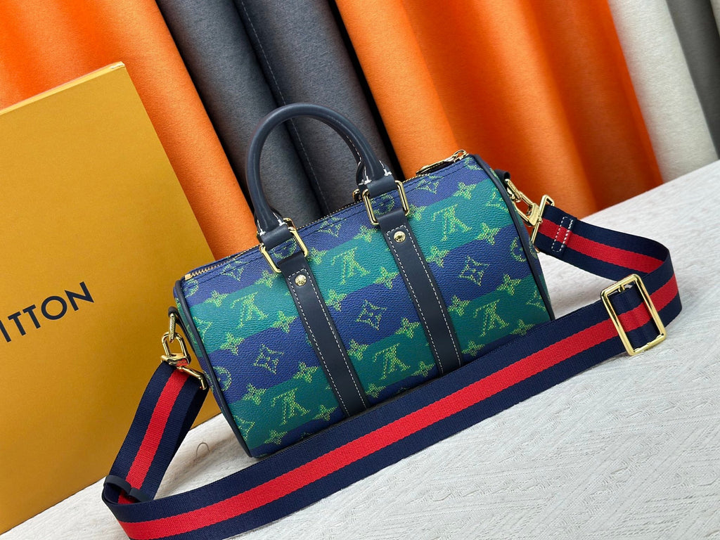 Blue green color blocked travel bag