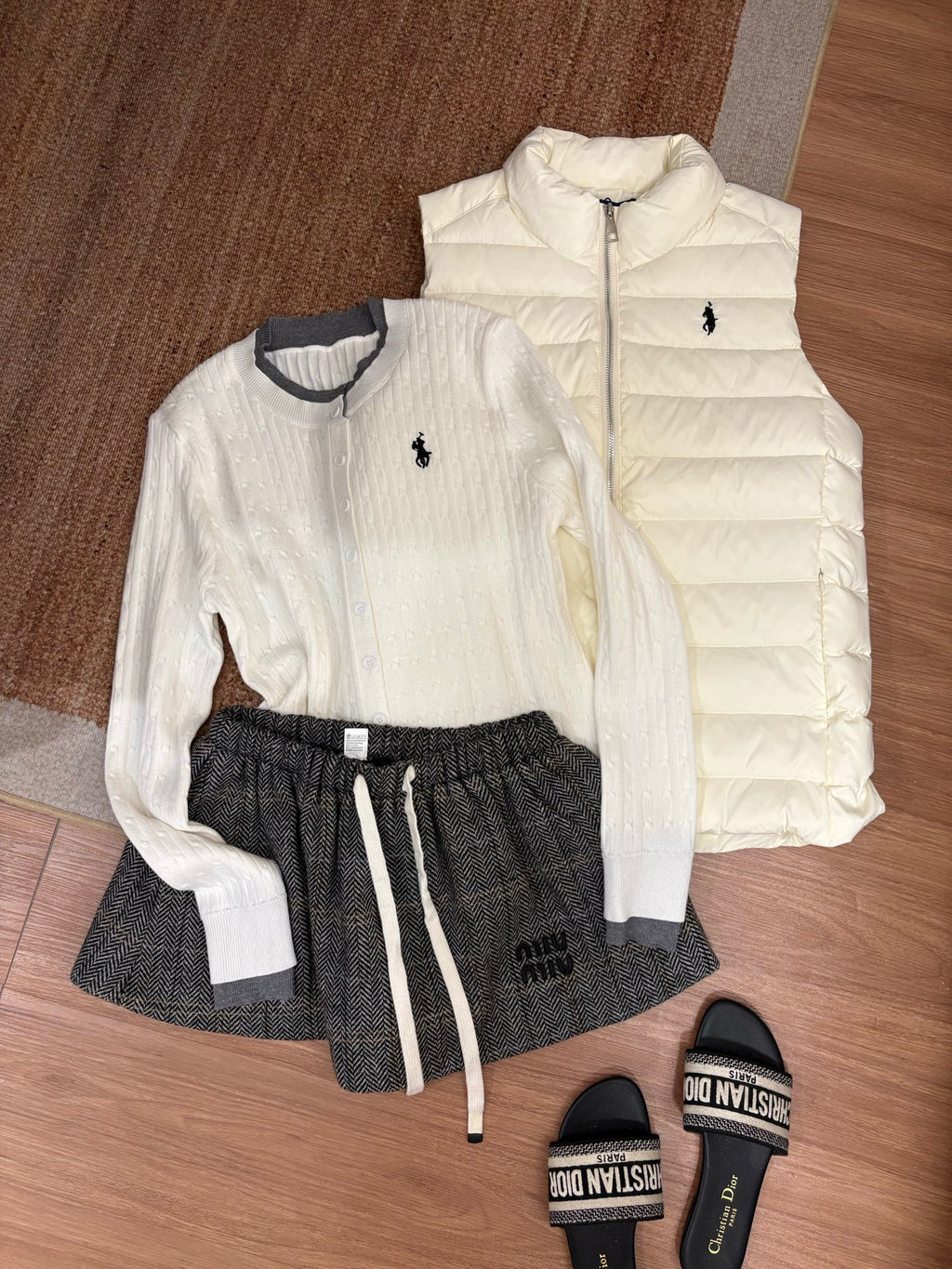 Pony embroidered knitted cardigan ➕ Down vest set (two-piece set)
